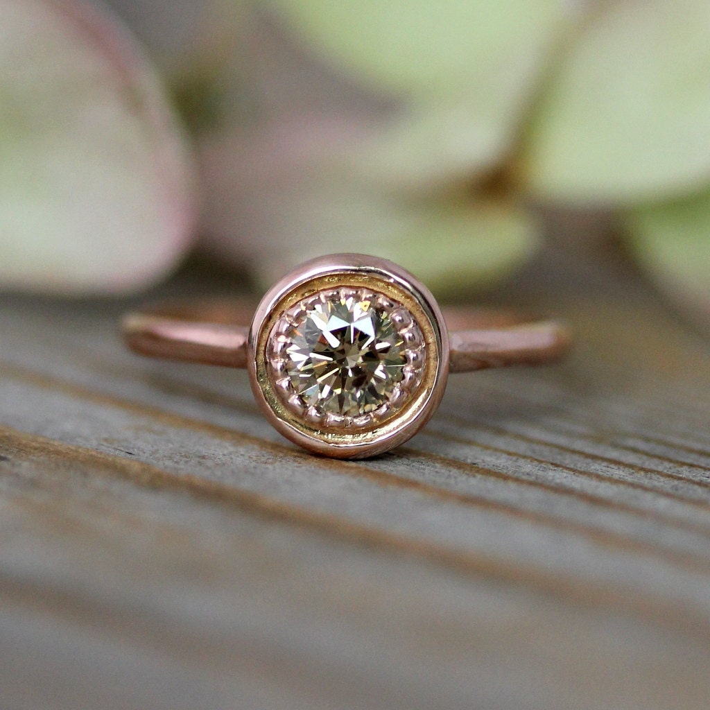 Conflict Free Champagne Diamond Halo Ring, 14k Recycled Rose Gold Engagement Ring in Halo Design and Diamond, Ready To Ship