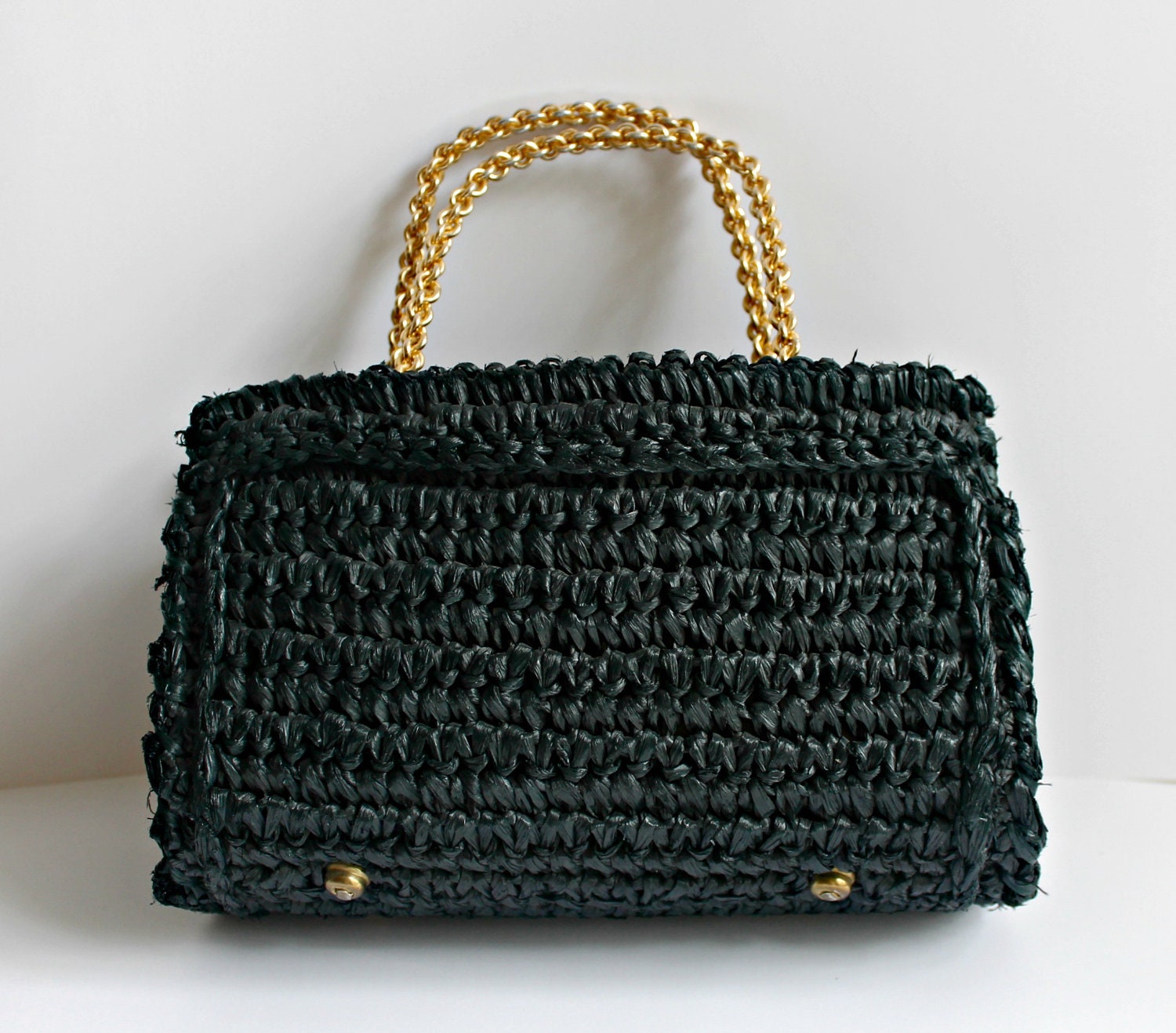 Vintage Handbag / 1950s Handbag / Black Raffia Purse / Retro Pillbox Purse