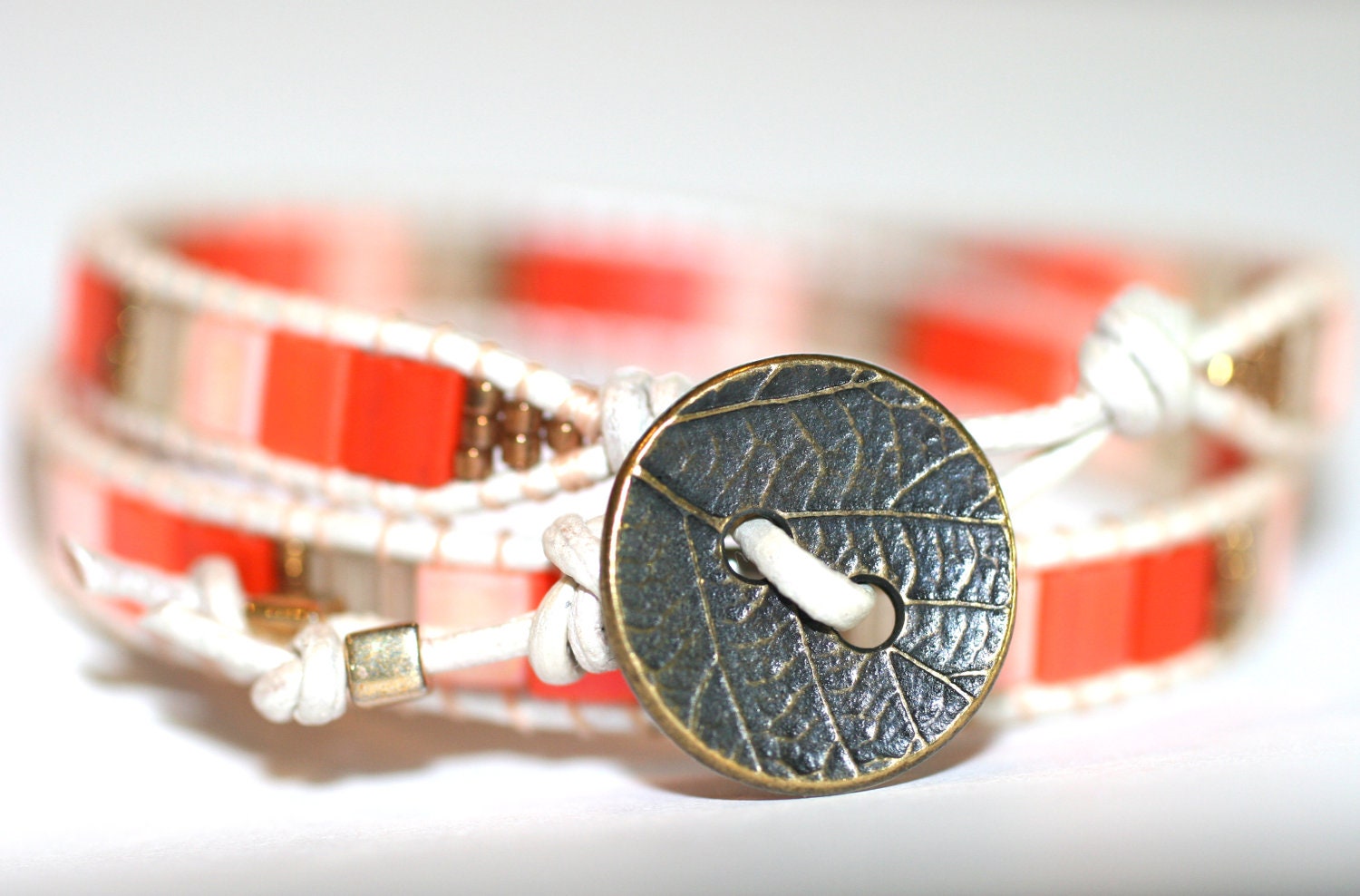 Orangesicle Tila Beaded Double Wrap Leather Handmade Bracelet