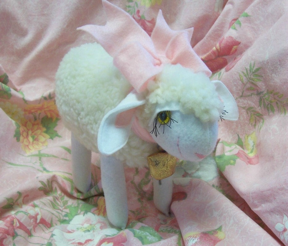 Ewe Lamb with Pink Bow Hand Made Soft Sculpture Rambouillet Lamb