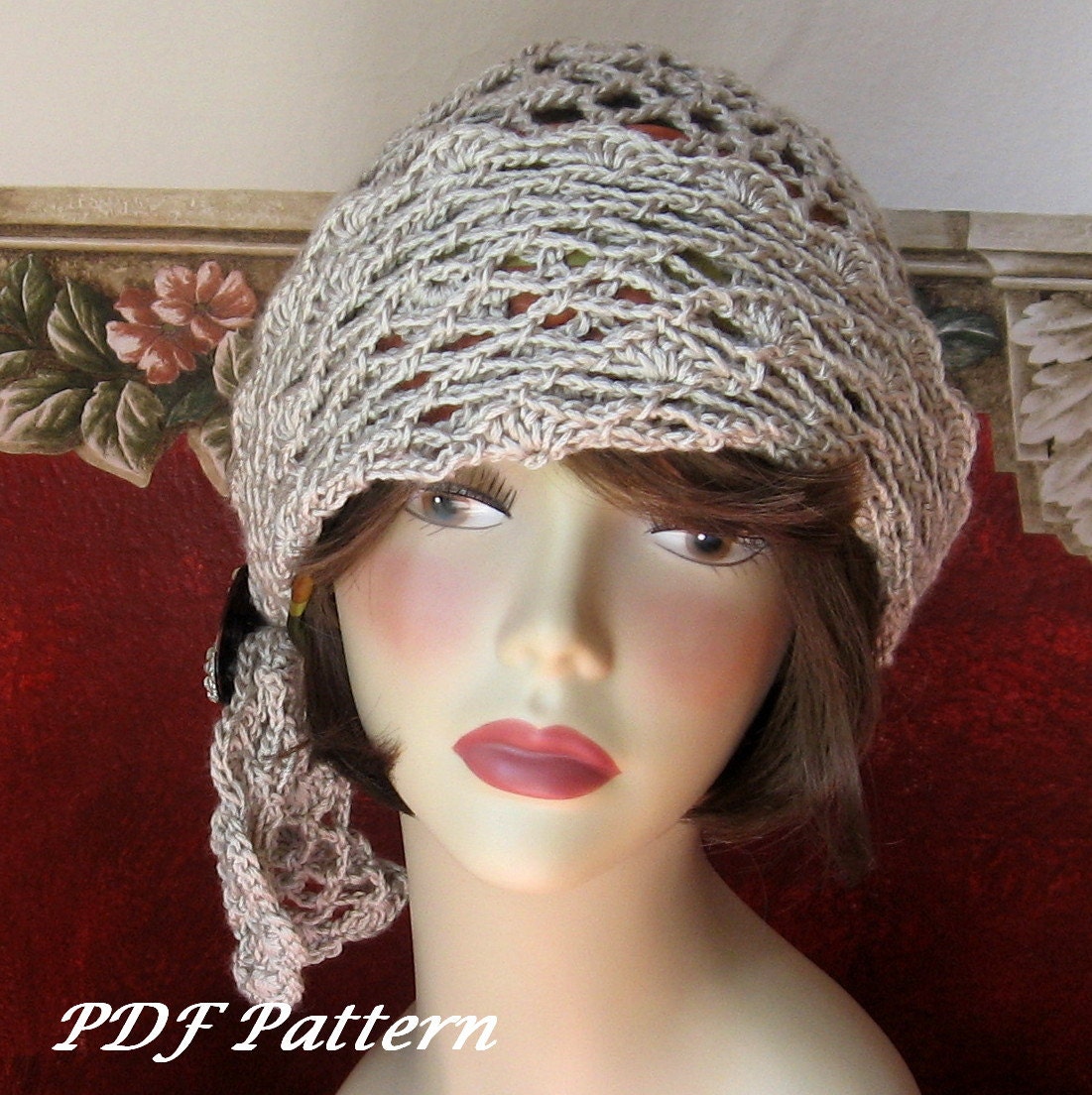 Crochet Pattern  Womens FLAPPER HAT Open Mesh Motiff With Draped Trim PDF May Resell Finished