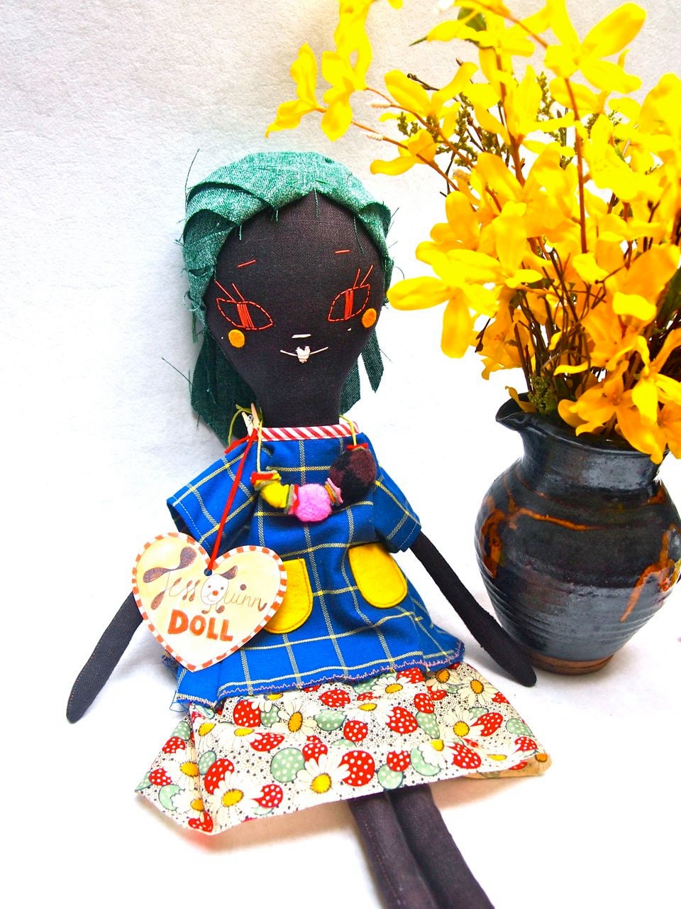Rag doll cloth artists doll dark brown linen embroidered face Molly Dolly, Claudia Meringue