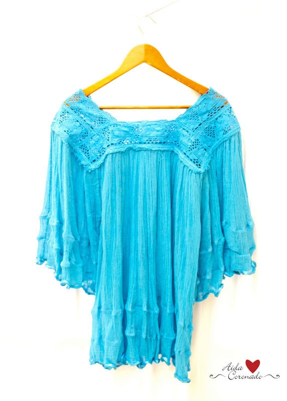 Turquesa Mexican vintage crochet tunic bohemian ethnic hippie chic gauze mini dress