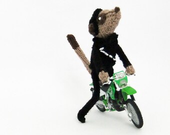 Biker meerkat with Kawasaki Motorbike, motorbiker, knitted meerkat, motorcyclist, cyclist, motorist, ooak