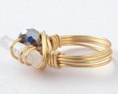 Gold-Plated Wirework Statement Ring with Clear Quartz Crystal and Gunmetal Faceted Glass Bead, Size 7