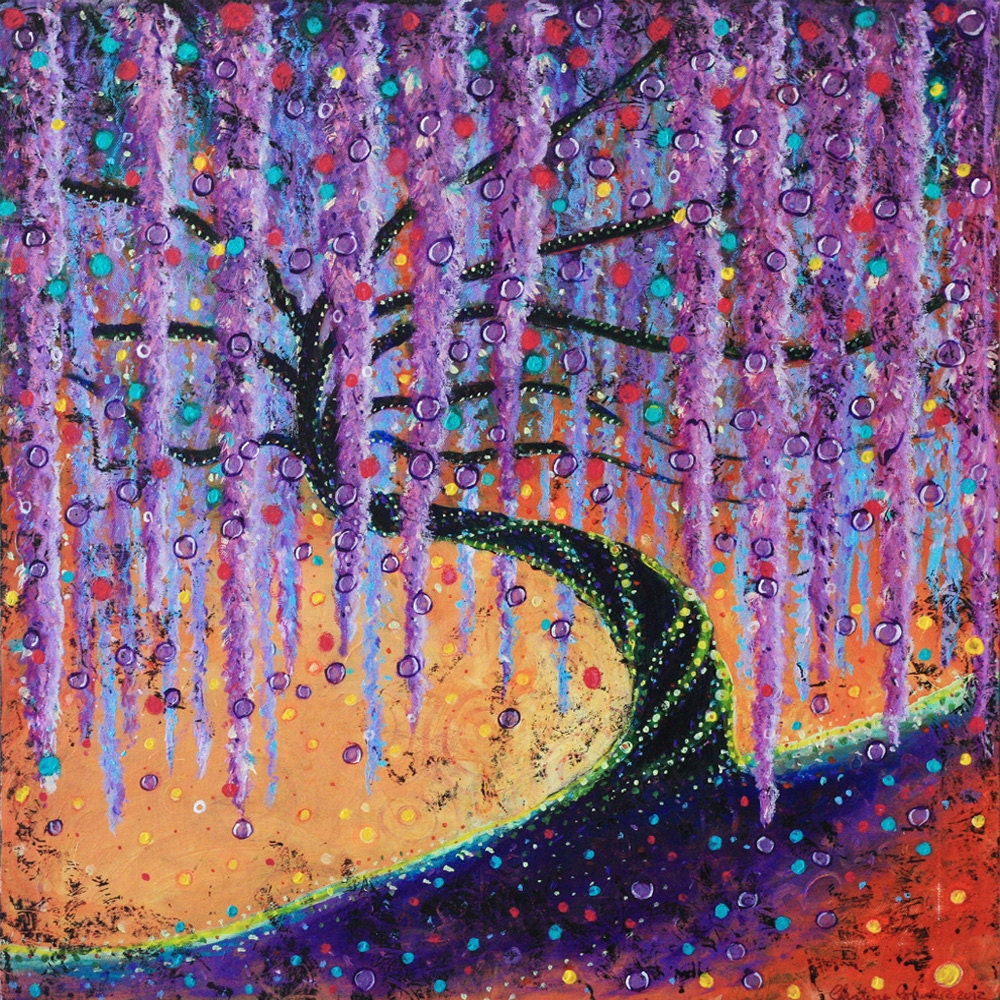 Wistfully Wysteria, Print on wood  7" x 7" from original mixed media Painting by Christina Colwell, Modern Contemporary Folk Art
