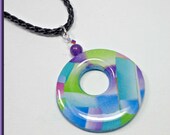 polymer clay Rainbow Pendant with leather Necklace, handmade jewelry