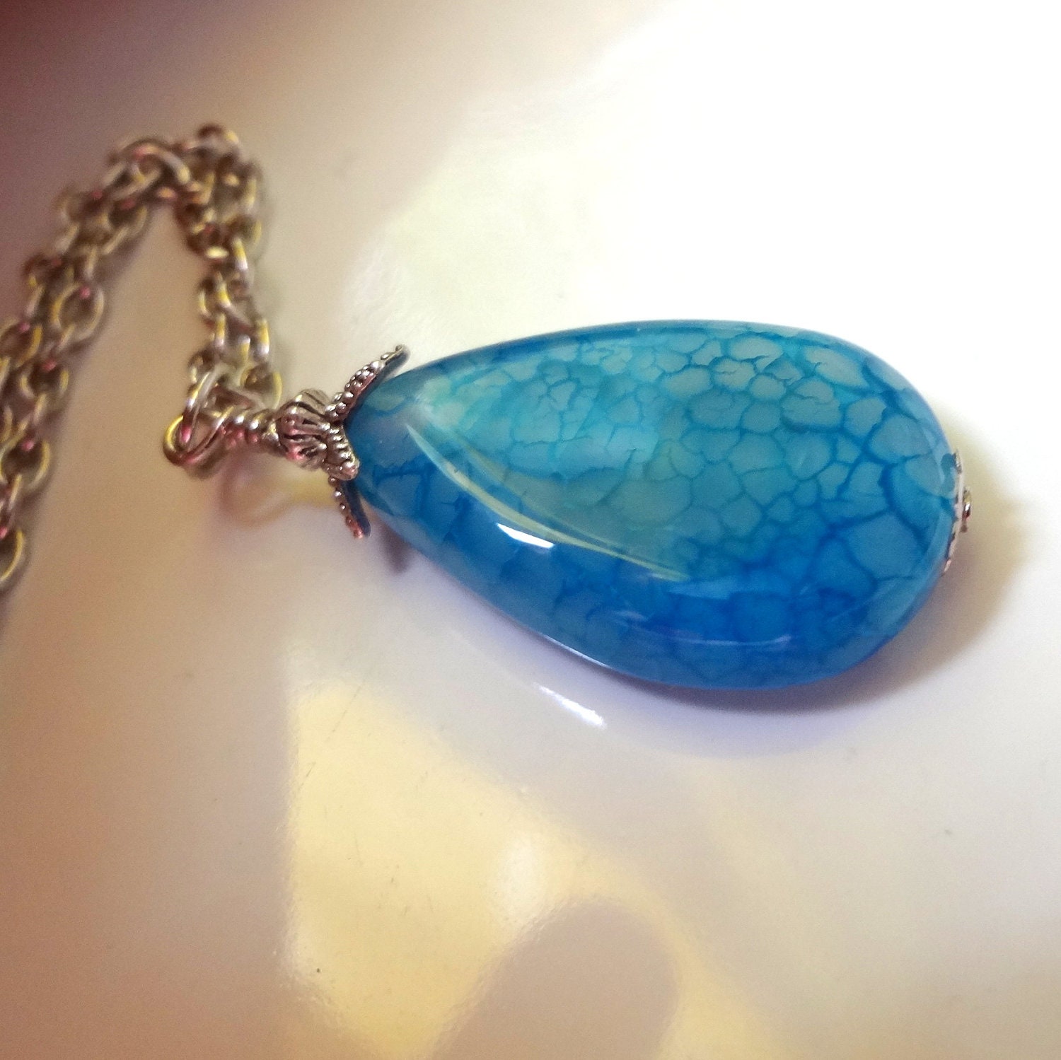 Blue Necklace, Dragon Vein Drop Necklace, Agate Necklace