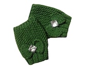 Green Hand Knit Fingerless Gloves - With Bows and Crystal Rhinestone Buttons tagt