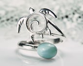 Sea Turtle Ring - Adjustable Larimar Cuff Ring - Sterling Silver Honu - Unique Turtle Jewelry - Blue Larimar - Sea Life Nautical Ocean