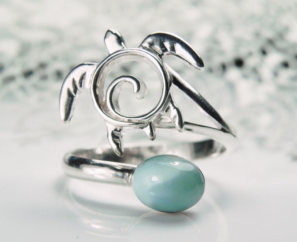 Sea Turtle Ring - Adjustable Larimar Cuff Ring - Sterling Silver Honu - Unique Turtle Jewelry - Blue Larimar - Sea Life Nautical Ocean