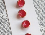 Vintage glass buttons Red and gold Round qty 4 Schwanda NOS