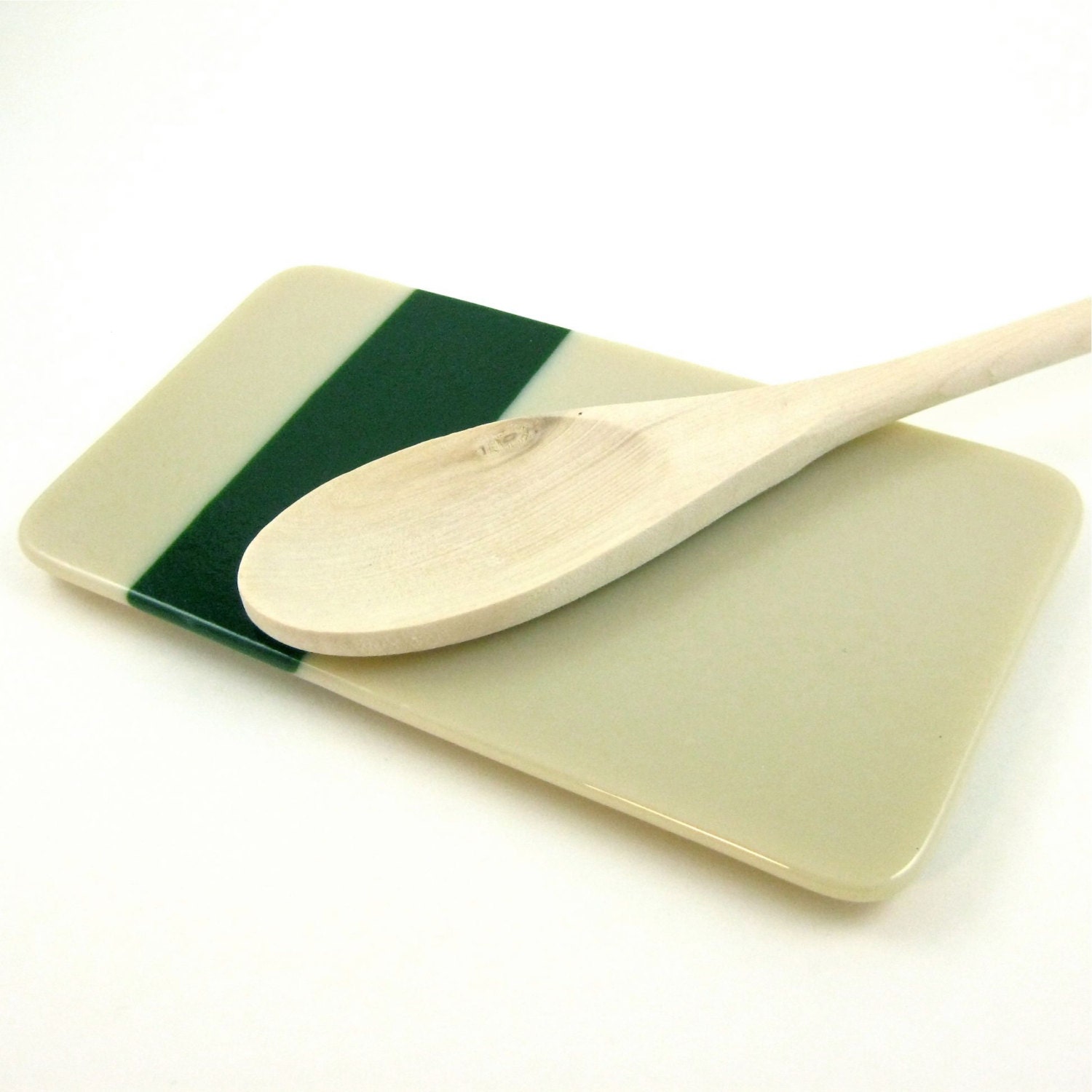 Spoon Rest Fused Glass Tan and Dark Green