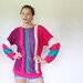 vintage 1980s colorblock sweater. L / XL stripe tunic top. Fuschia teal aqua wine. Abstract retro / the FRUITLOOPS pullover