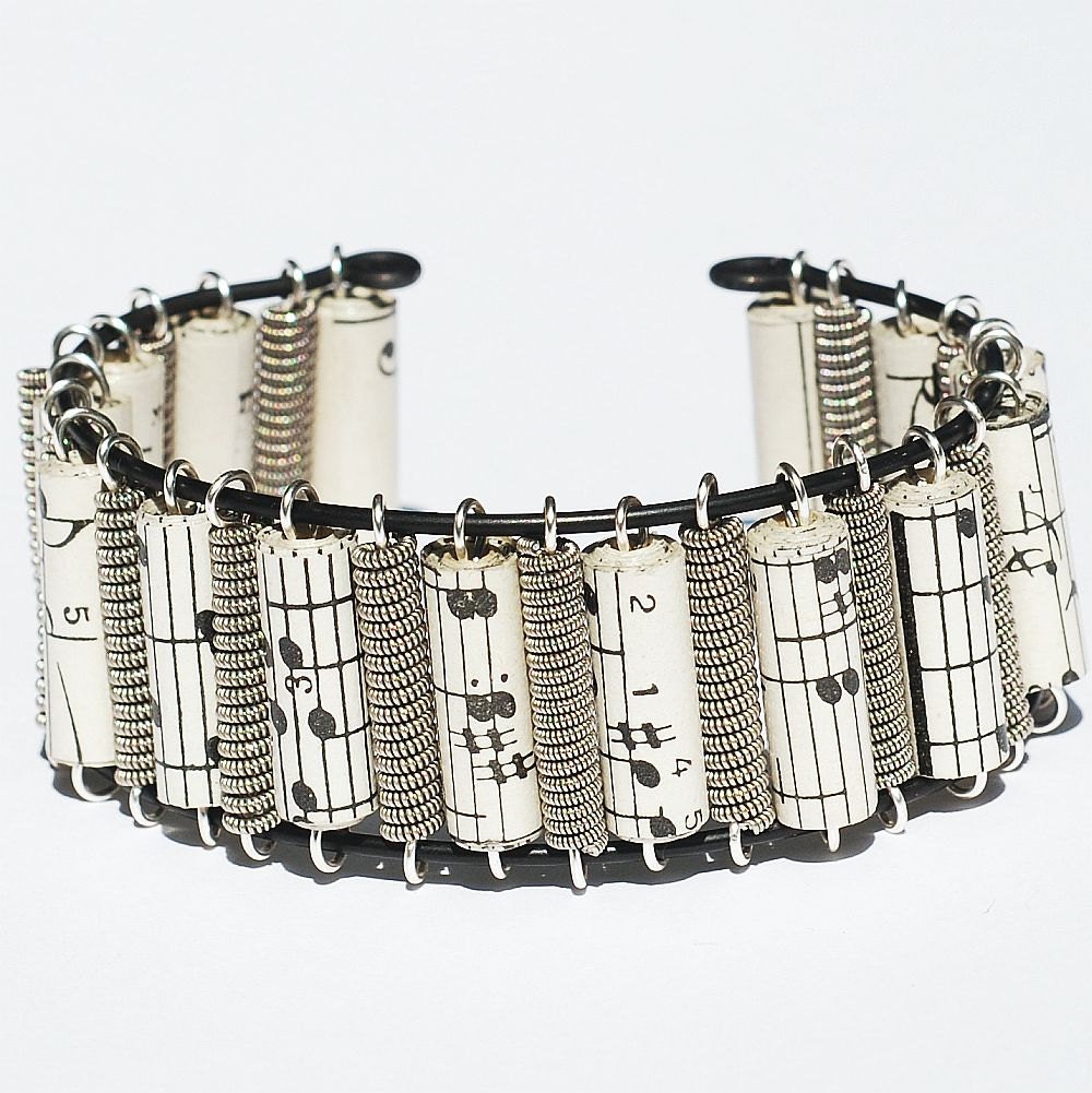 Guitar String Bracelet- Silver Sheet Music Paper Bead Cuff