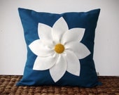 White and Yellow Flower PILLOW COVER in Navy Blue Linen by JillianReneDecor Decorative Spring Home Decor (16x16) Gift for Her