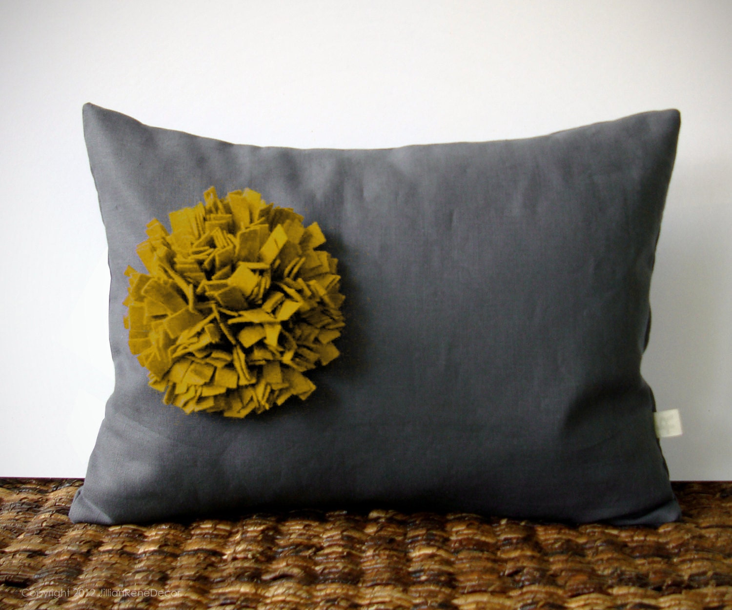 Mustard Yellow Pom Pom Flower PILLOW COVER in Gray Linen by JillianReneDecor Home Decor Gift for Her - Honey Gold
