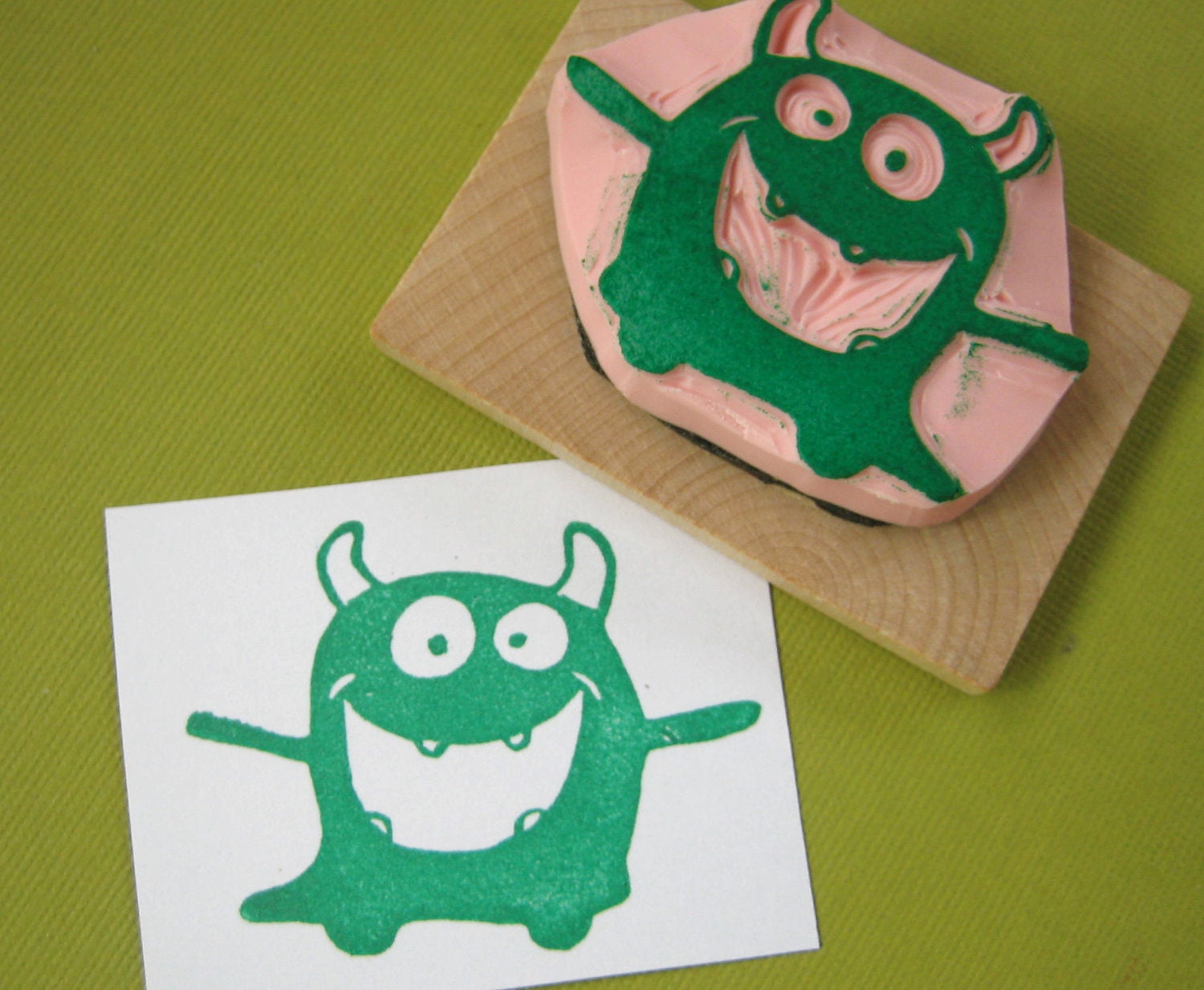 Cute Monster Rubber Stamp, Hand Carved