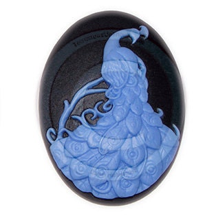 Peacock Cameos - 40x30mm - Qty 2 pcs - Exclusive Design - (new) periwinkle blue on Black