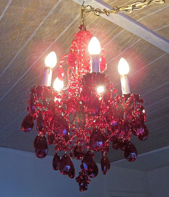 Cherry Red Vintage Crystal and Brass Petite Chandelier