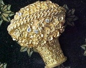 Avon Solid Perfume Brooch Basket of Flowers Rhinestones Gold Tone
