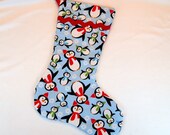 Blue Penguin Christmas Stocking with Red Lining