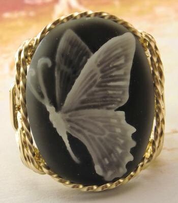 R410 Beautiful Butterfly Cameo Ring 14k Rolled Gold Jewelry