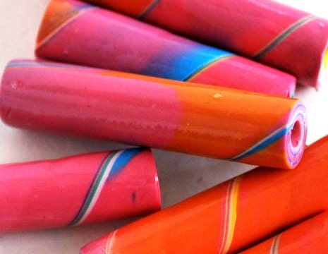 Handmade Polymer Clay Tube Beads Pink Orange Blue Stripe