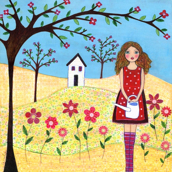 Girl Art Painting Art Block Print, Gift for Girls Bedroom