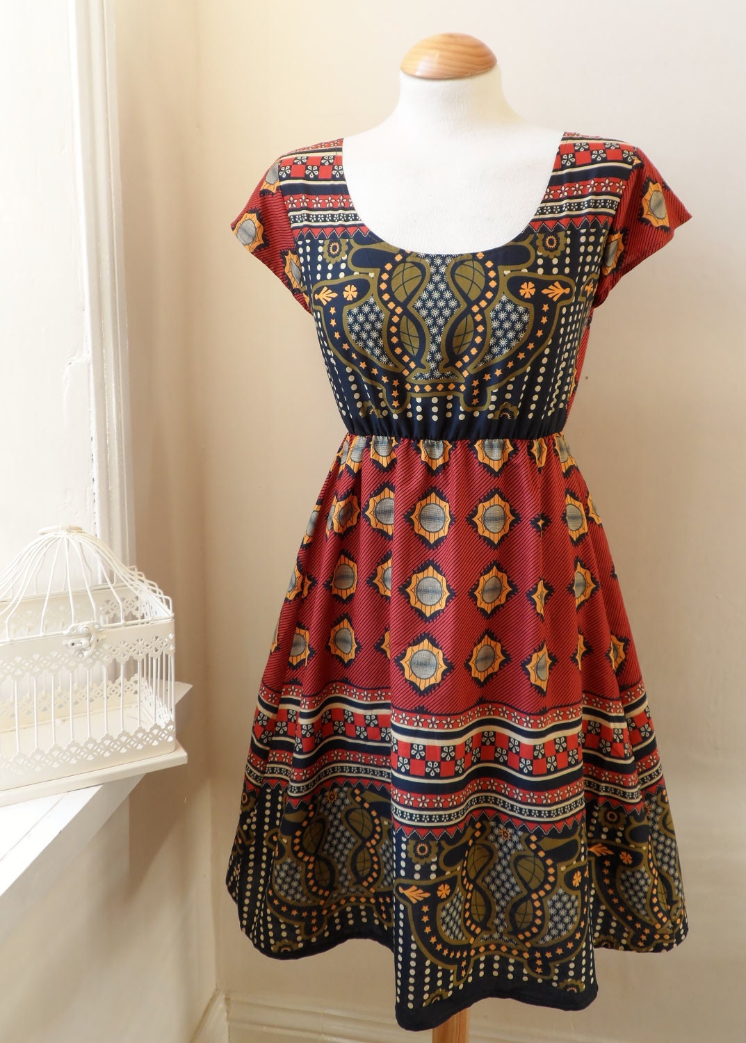 Bohemian Patterned Tea Dress in Burgandy Mustard Navy and Cream XS S