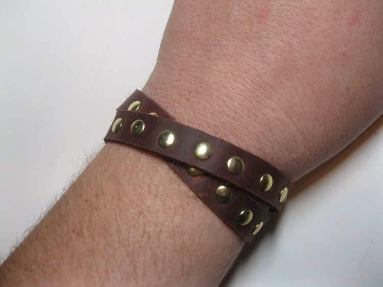 Steampunk leather and brass wrap bracelet