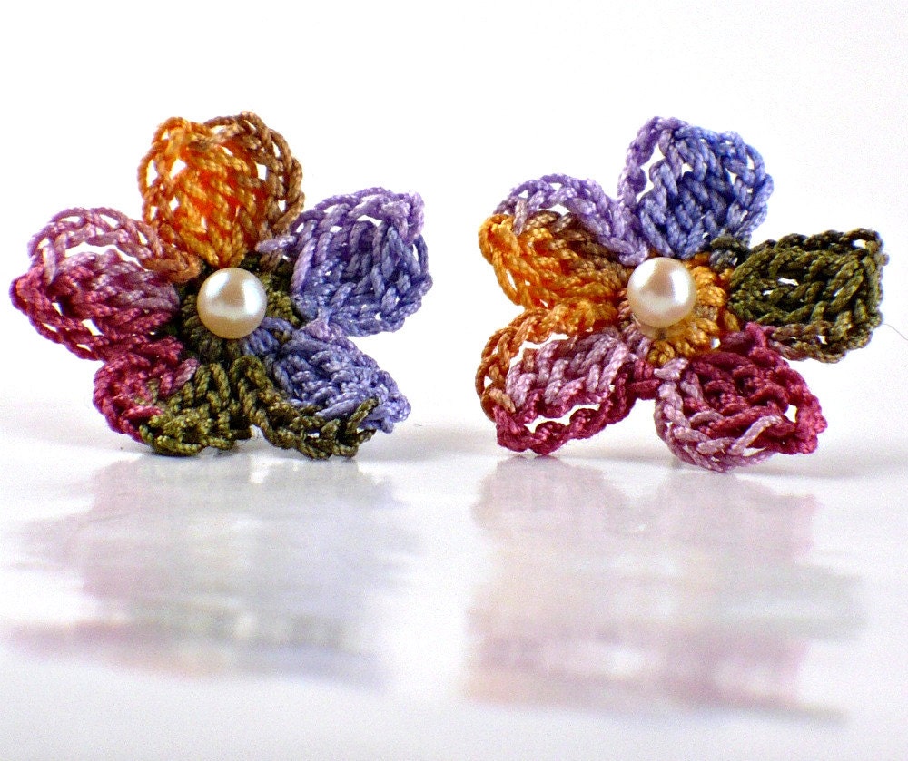 Crochet Flower Earrings Crochet Earrings Stud Earrings Hypoallergenic Olive Lavender Peach Rose Salmon