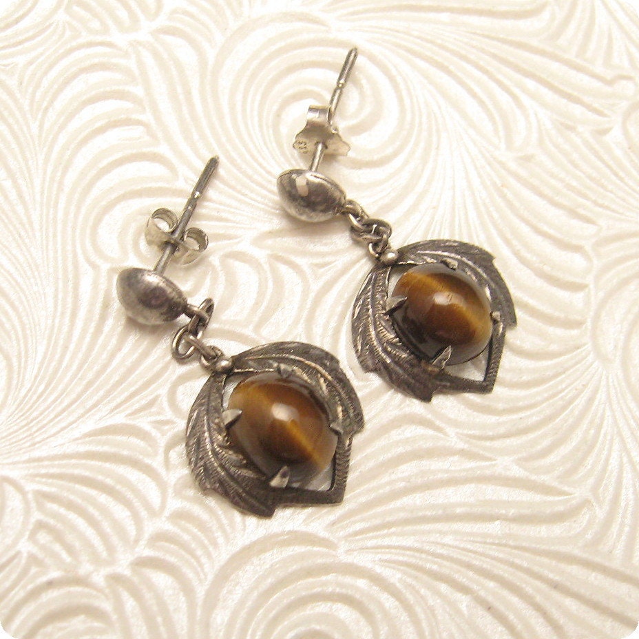 Vintage Sterling Tiger Eye Earrings E4795