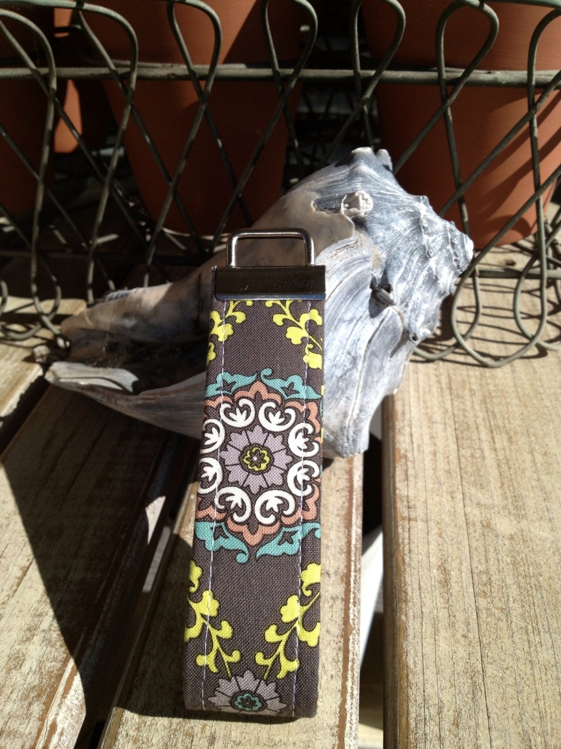 Key Fob - Keylette - Wristlet - Fabric Keychain - Key Ring -Gray Medallion