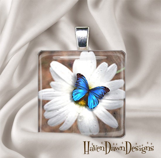Butterfly on Flower Glass Tile Pendant Charm