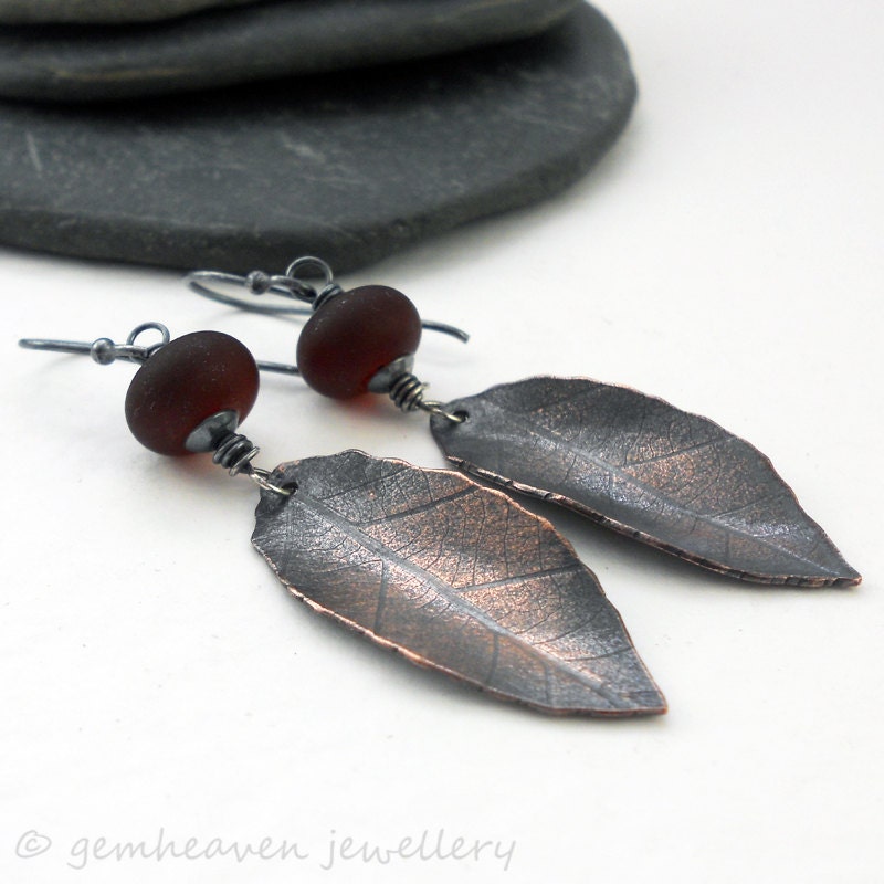Sterling silver dangle earrings with copper leaves and lampwork  - Free Falling -