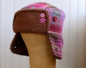 Wool plaid trapper hat in pink: kids russian hat, girls russian hat, womens russian hat - extra small