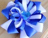 Unique sparkly handmade Blue and White hair bow clip with blue acrylic heart