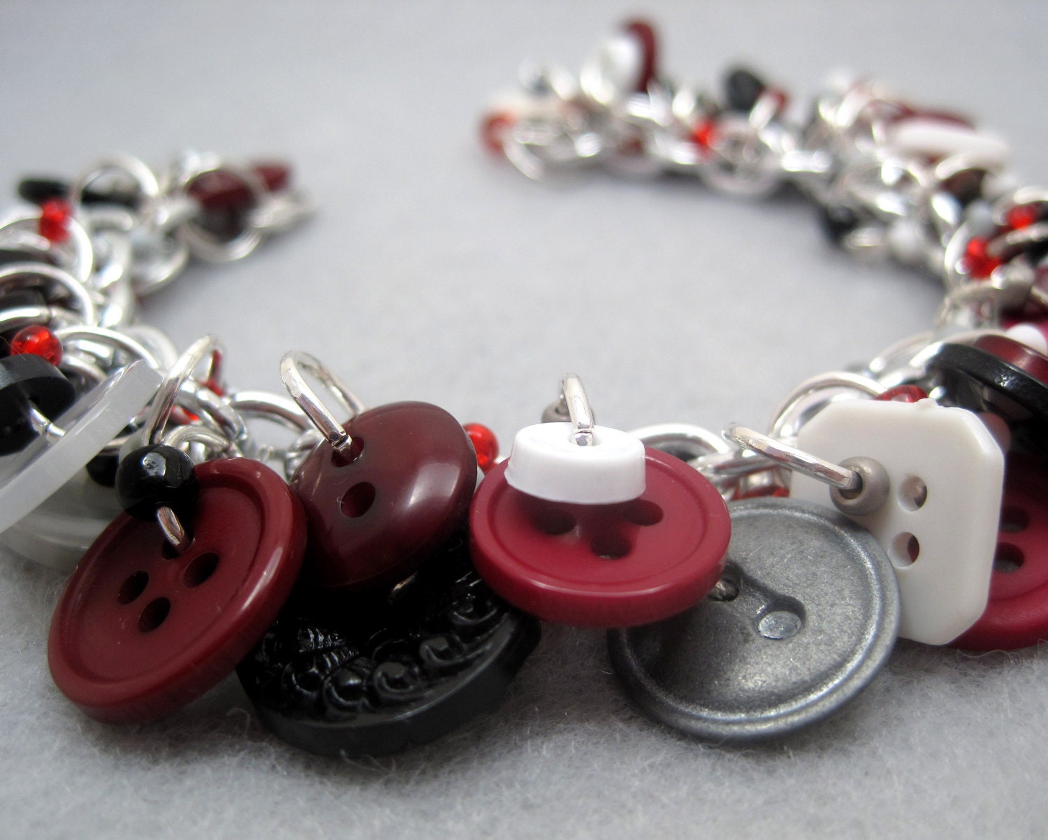 Button Charm Bracelet - Maroon / Dark Red, Gray / Silver, Black, White by randomcreative on Etsy