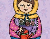 Garden Babushka Mo Art Print - 5 x 7 inches by Helena Tay, hand drawn matryoshka doll with watering can