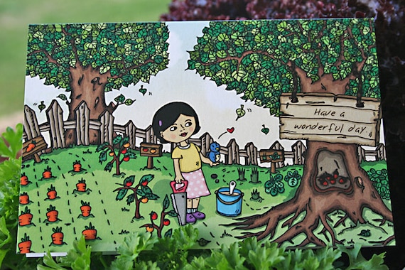 Have A Wonderful Day Greeting Card - 1 card and envelope, girl in vegetable garden