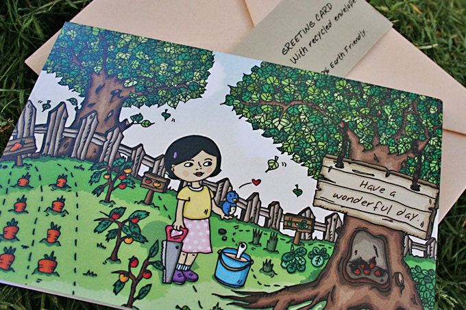 Have A Wonderful Day Greeting Card - 1 card and envelope, girl in vegetable garden