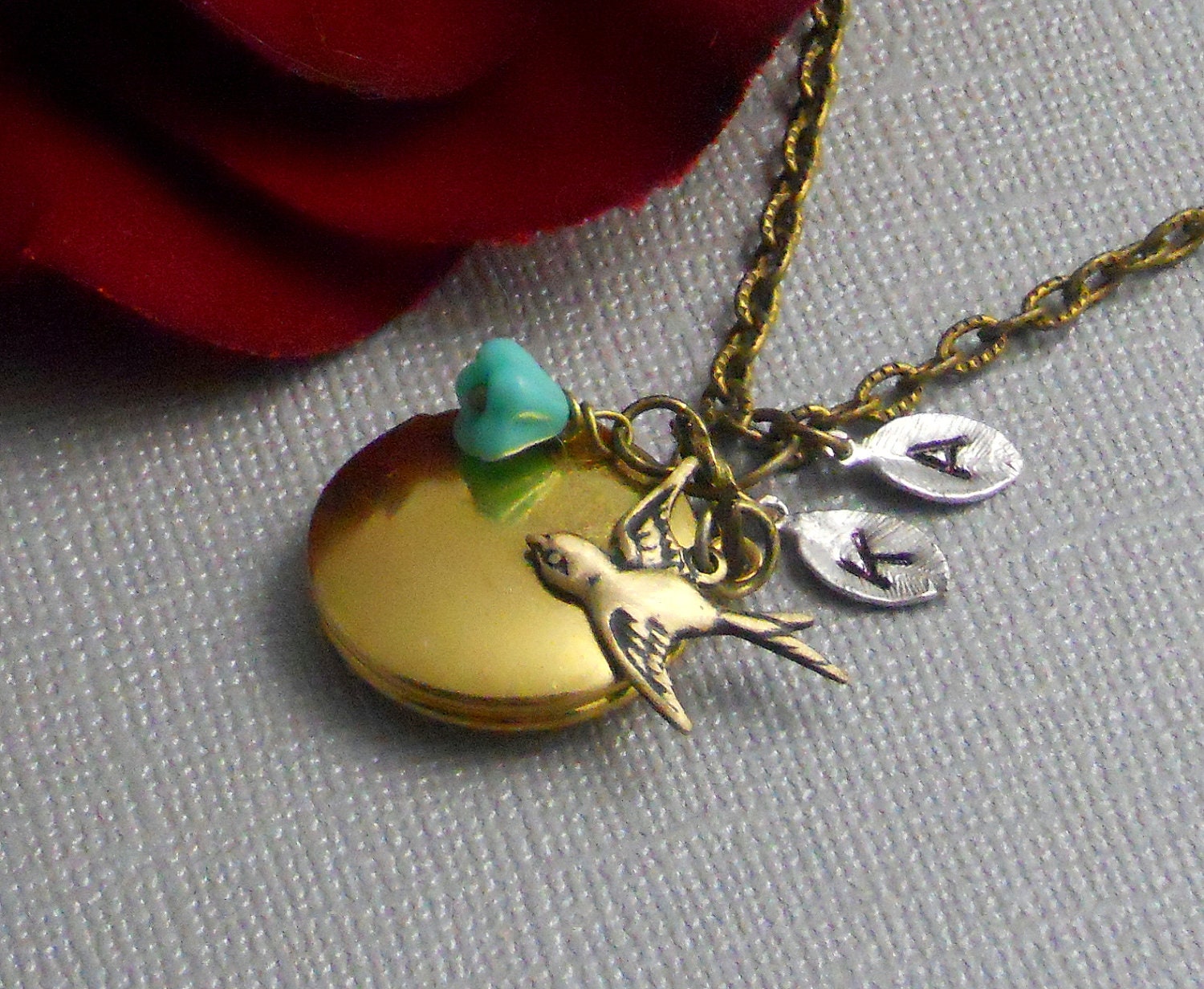 Personalized Locket Bird Swallow Sparrow, Turquoise, Leaf Custom Initial White Gold Plated Locket Necklace