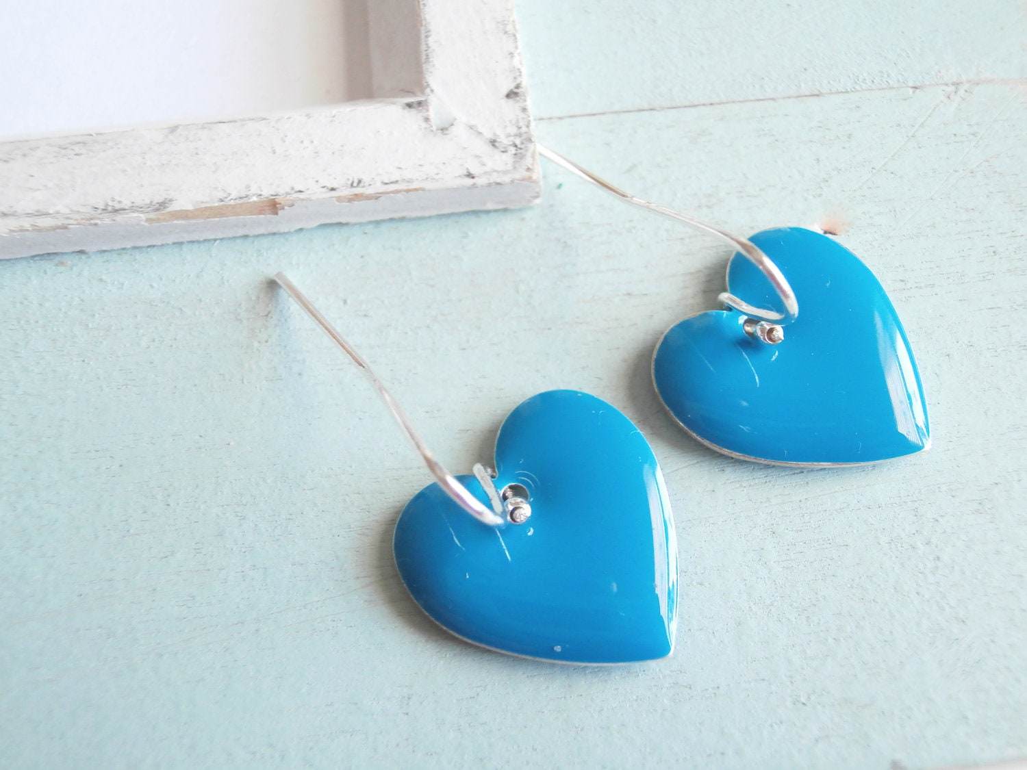 Heart Earrings - Simple Silver Enamel Blue Valentine
