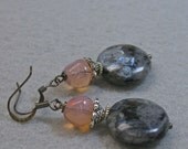 Vintage Grey Black Labradorite Stone Bead Earrings, German Pink Opalite Glass, Silver