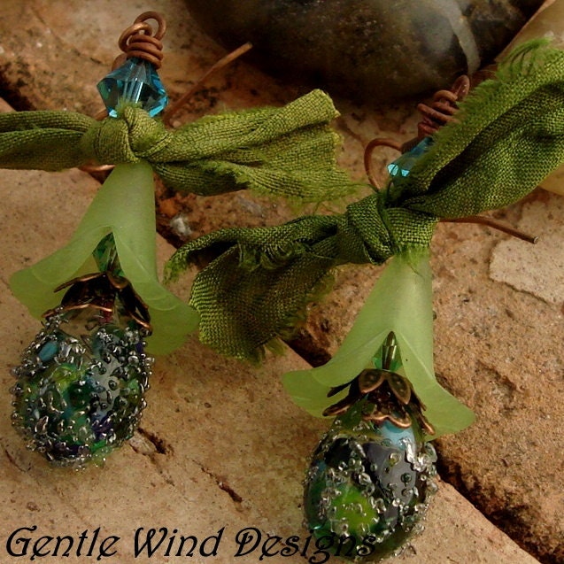 EMERALD ISLE - Handmade Lampwork Beads, Antiqued Copper, Lucite, Swarovski Crystals