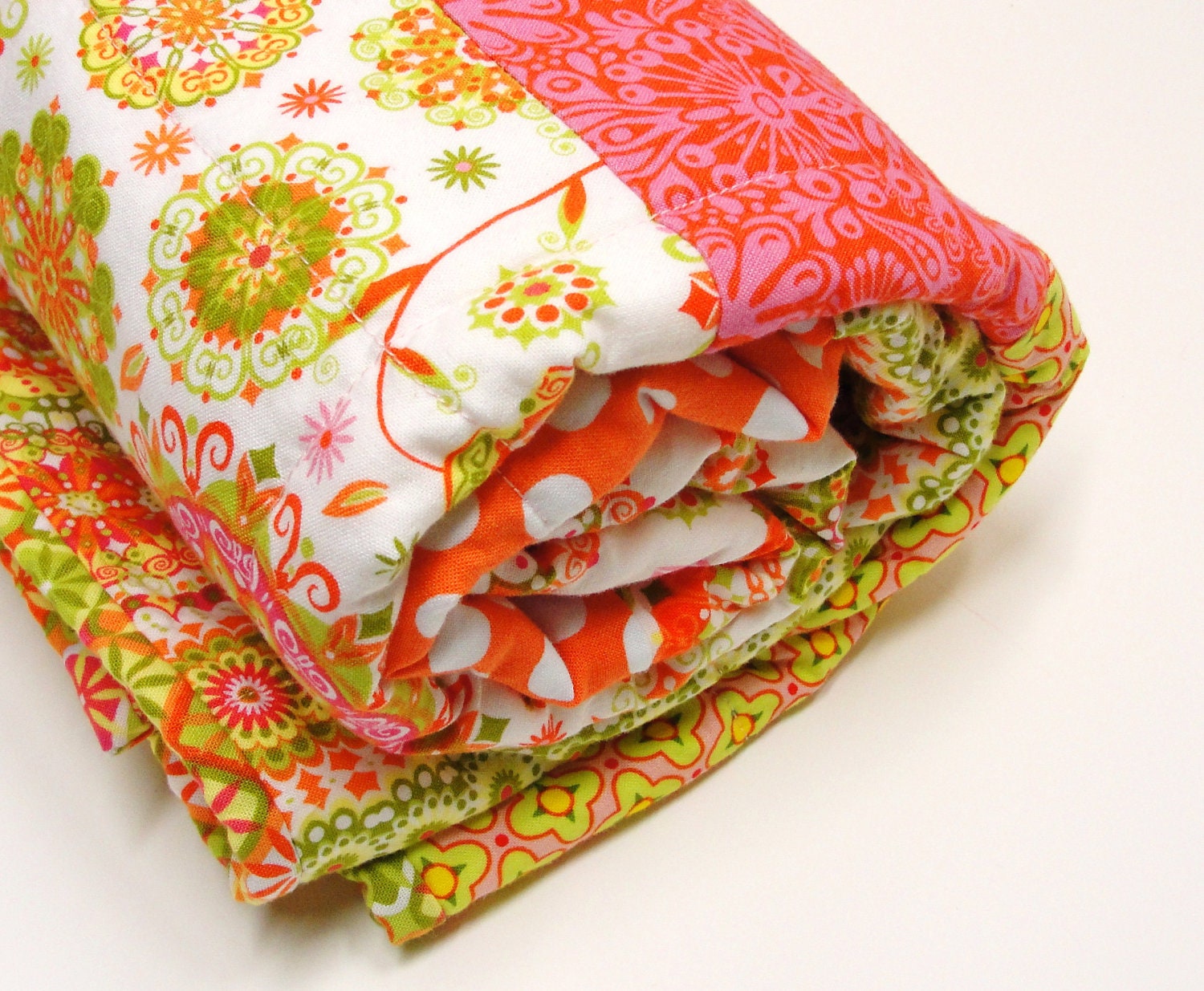Baby quilt- " Sunshine Girl"  in pink, orange, yellow, green, nursery blanket, ready to ship - moonspiritstudios