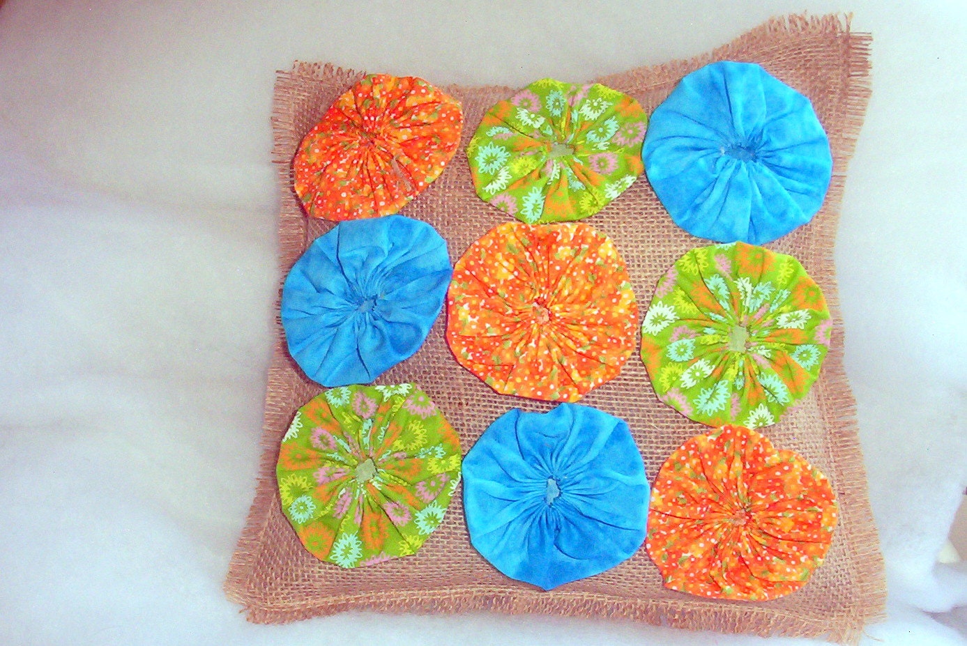 Burlap Pillow with Yo Yo's