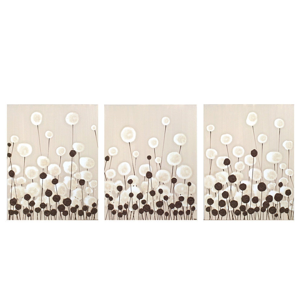 Large Modern Art - Original Textured Flower Painting - 50X20 Triptych Canvas - Brown Neutral Art - IN STOCK