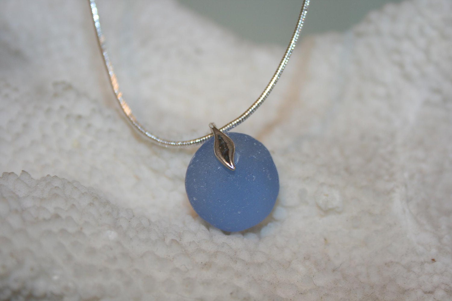 Genuine cornflower blue marble  sea glass beach glass and sterling silver pendant